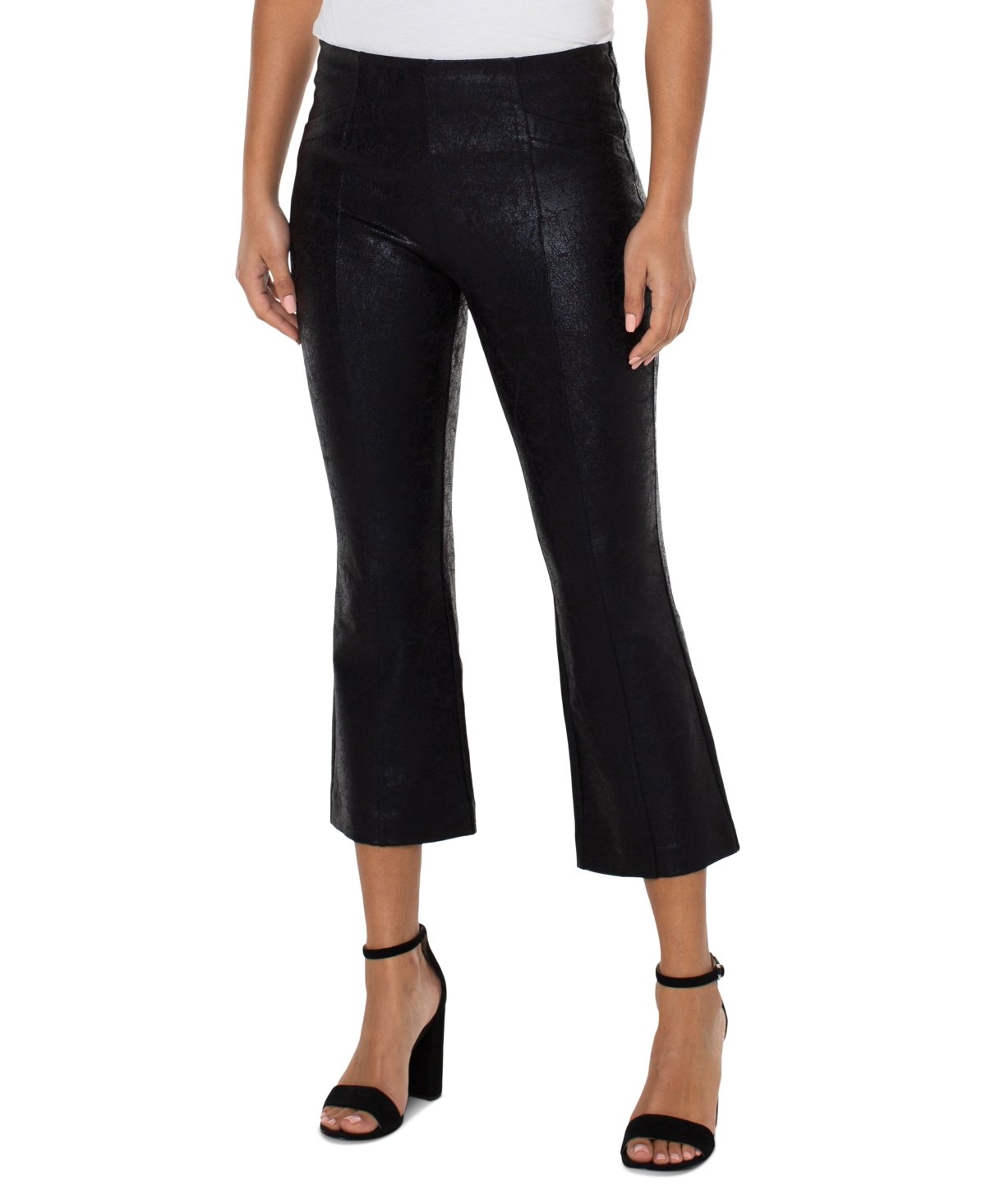Liverpool Los Angeles Stella Crackle Coated Kick Flare Ponte Crop Pants In Black Crackle