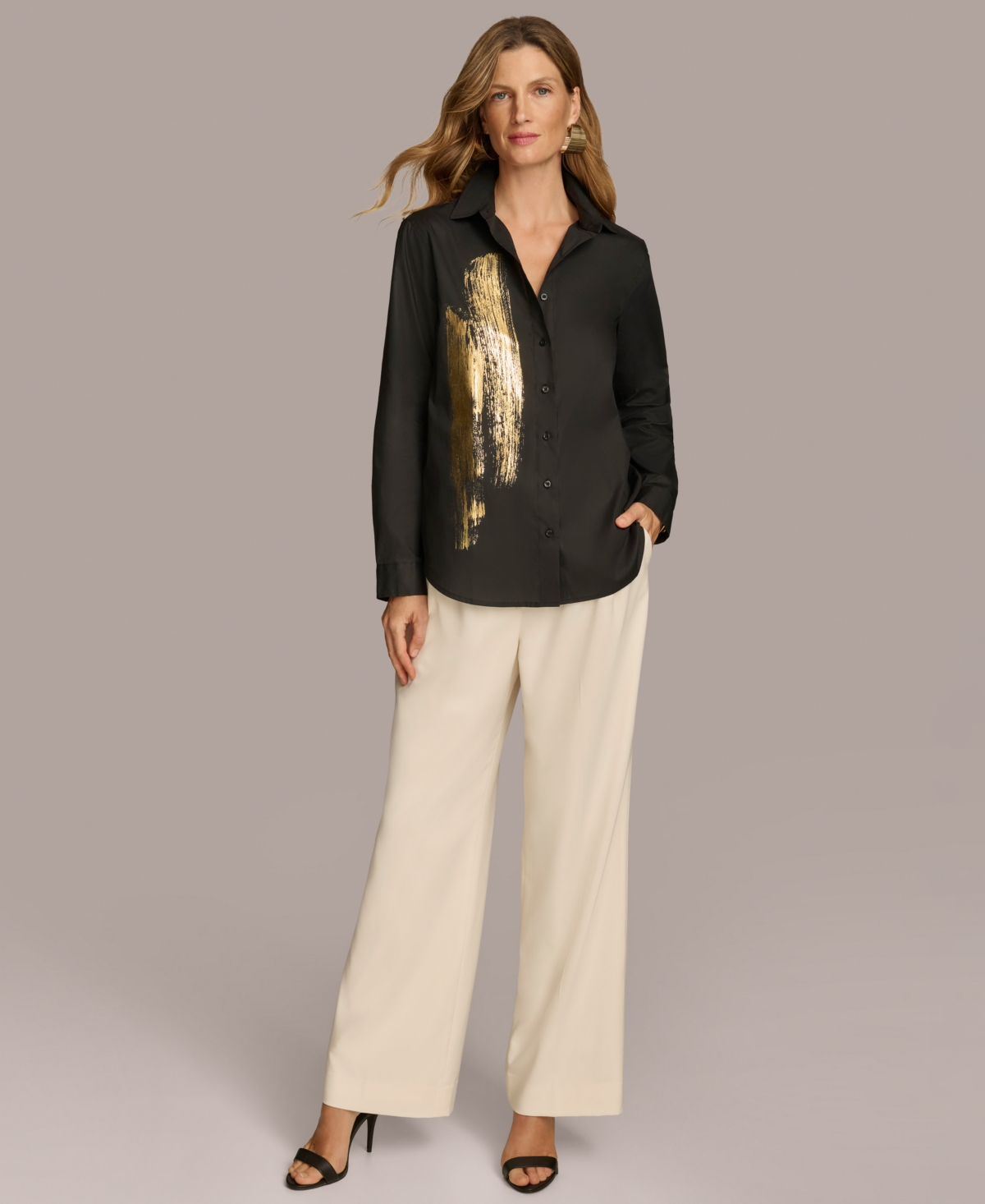 Donna Karan New York Women's Metallic Detail Button-Down Shirt -Gold Multi