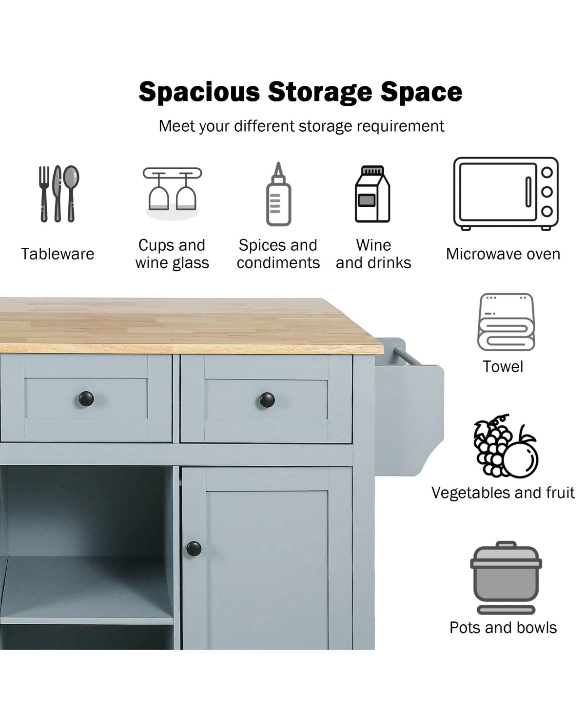 Slickblue Kitchen Cart with Rubber Wood Drop-Leaf Countertop Cabinet Door with Internal Storage Racks, 5 Wheels, 3 Drawers