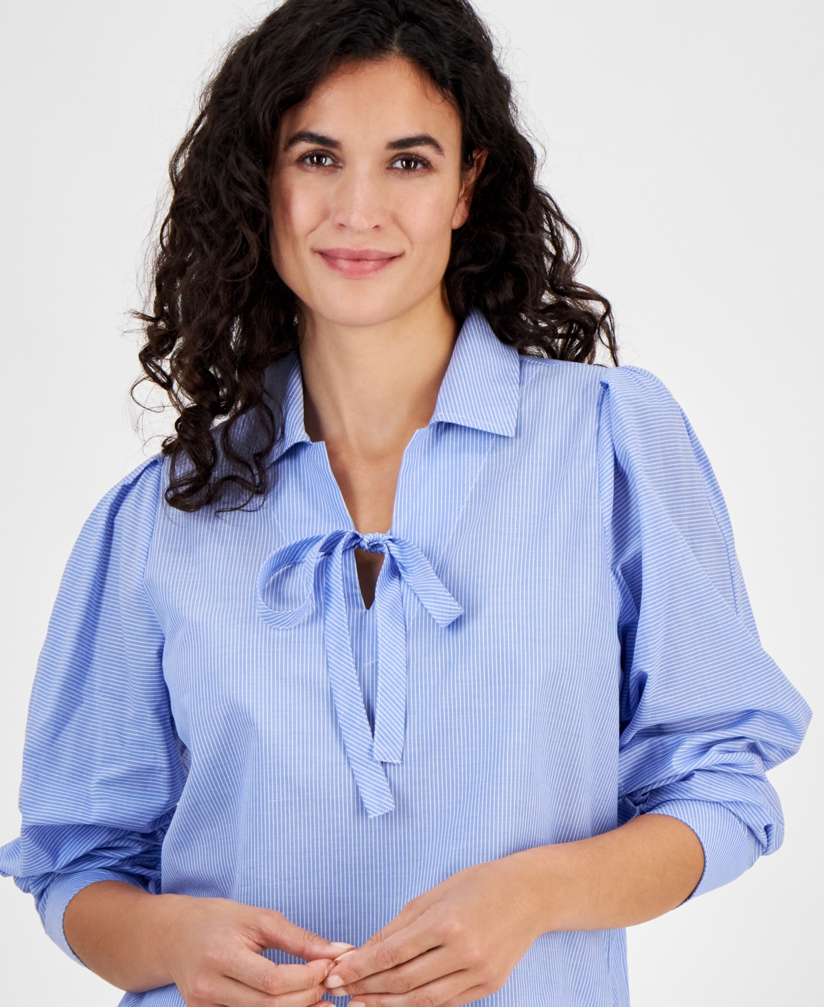 Nautica Jeans Women's Newport Stripe Cotton Tie-Neck Top -Bright White