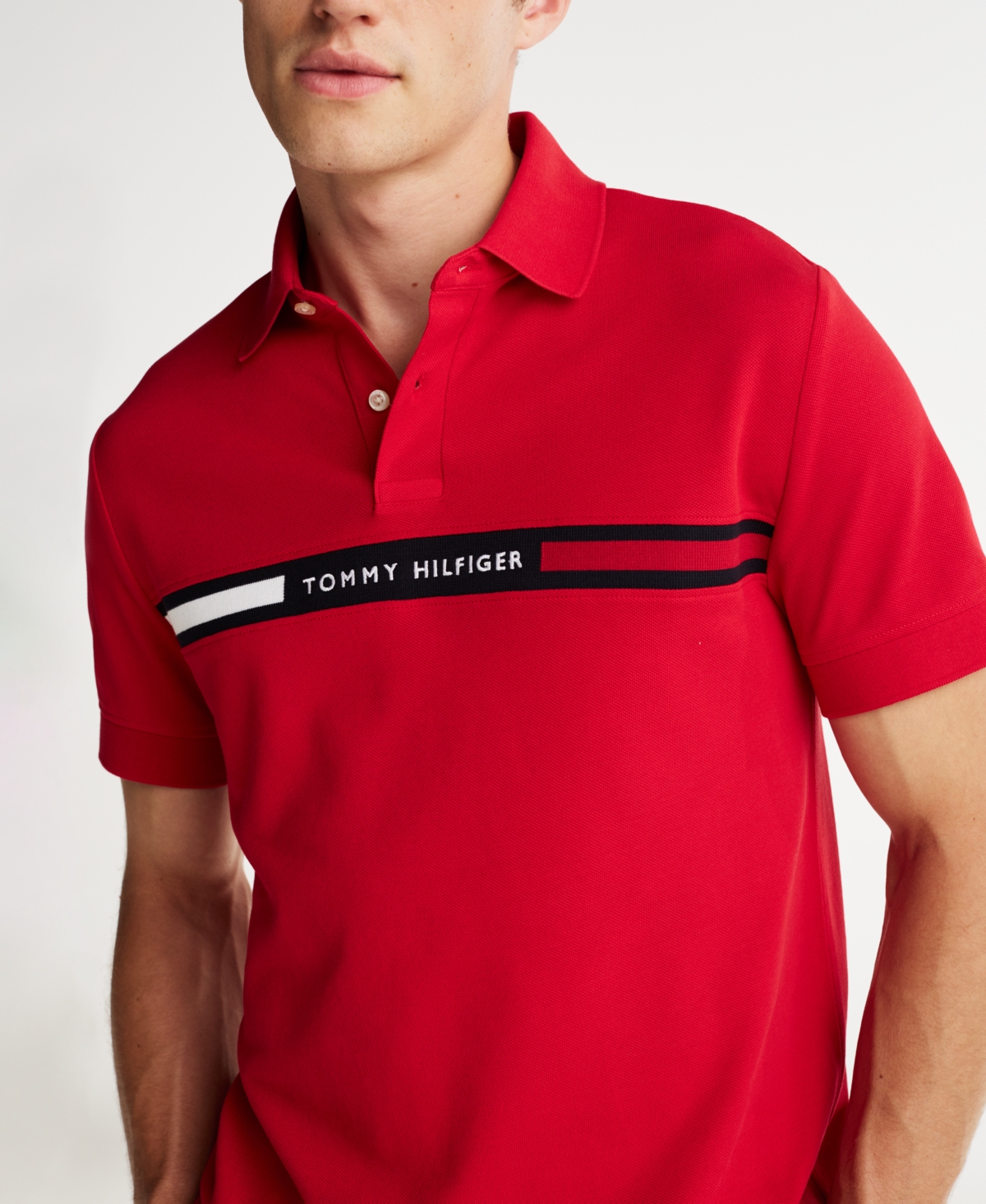 Shop Tommy Hilfiger Men's Short Sleeve Embroidered Chest Stripe Polo Shirt In Medium Red