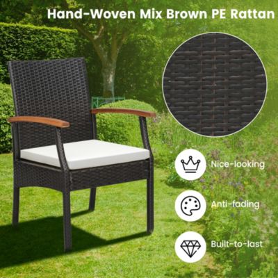 9 PCS Patio Rattan Dining Set with Acacia Wood Table, Cushions, 1.9" Umbrella Hole