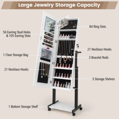 3-Color 46 LED Lights Mirror Jewelry Cabinet Armoire Adjustable Height with Wheels