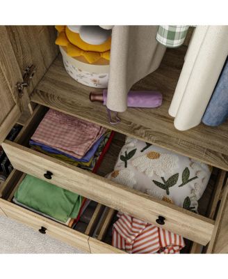 1 PC Wood Grain Rattan Doors Design Wardrobe with 5-Drawers Armoires