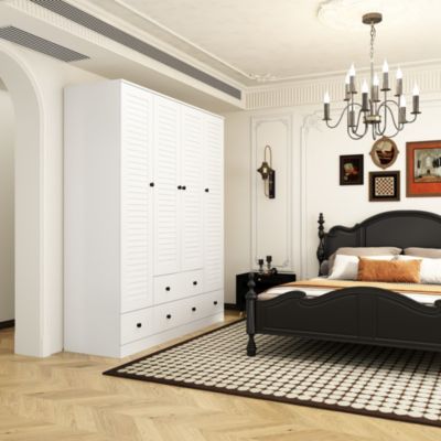  Wood   4 Shutter Doors   Drawers & Hanging Rod  Freestanding Bedroom Armoire