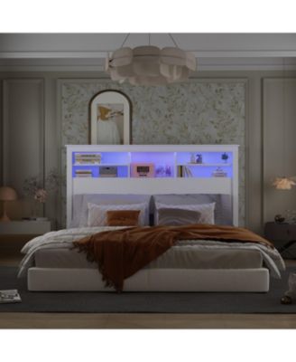 White Bookcase Headboard With Strong Storage And LED Light