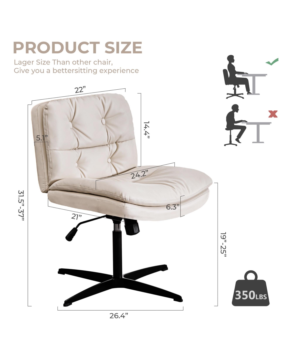 Slickblue Large Size Armless Home Office Desk Chair Vanity Chair No Wheels