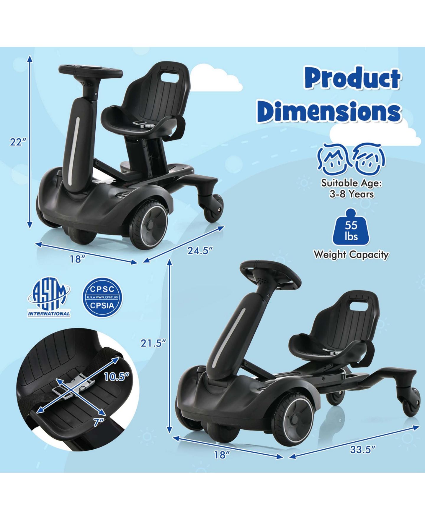 Детская игрушка Costway 6V Kids Ride-On Drift Car 360-Degree Spin Go-Kart, 55 lb. Capacity, Ages 3-8, цвет: Чёрный — фото 7