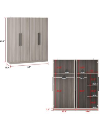 Grey Wood 4-Door Wardrobe Armoires with Hanging Rod and Storage Shelves