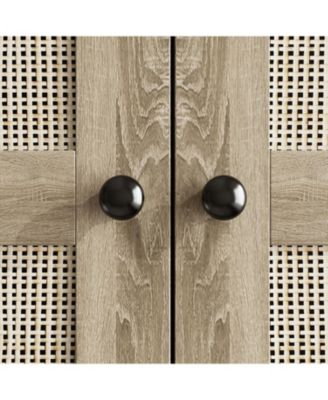 Brown Rattan Doors Wardrobe with 3-Drawers,Hanging Rod,Top Cabinet