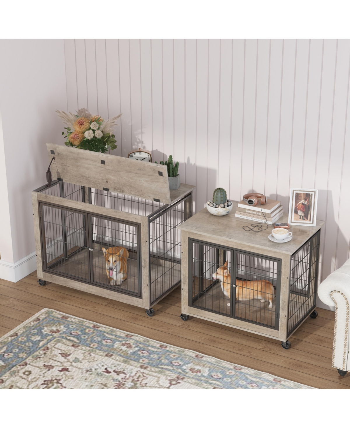 Furniture Style Dog Crate Side Table on Wheels  Double Doors and Lift Top