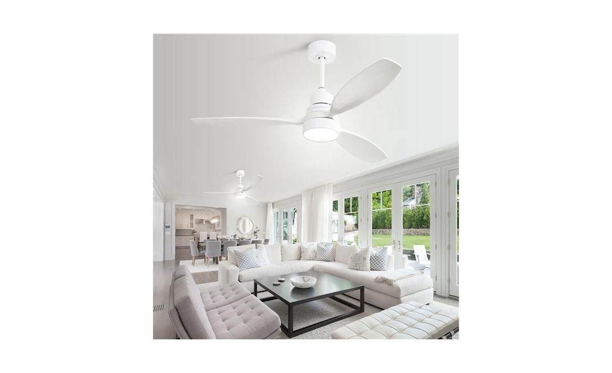 Slickblue 52-InchWooden Ceiling Fan with 3 Solid Wood Blades, Remote Control, Reversible Dc Motor & Led Light - White