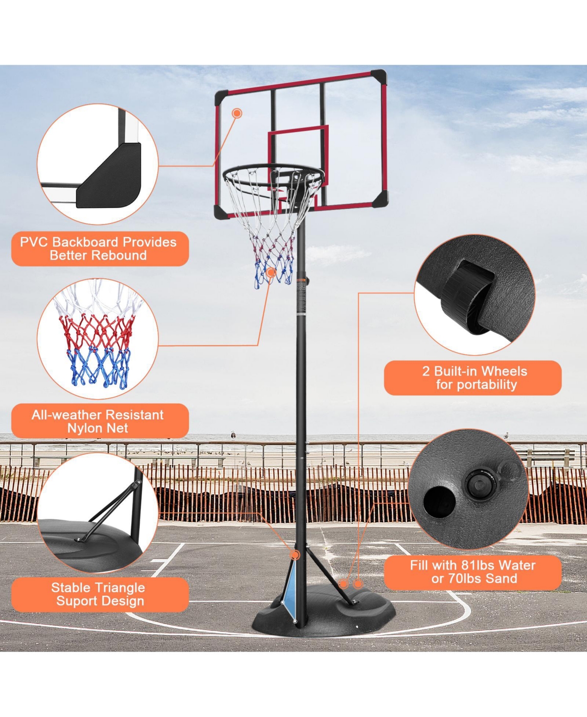 Slickblue Portable Basketball Hoop System with Adjustable Stand, for Youth and Adults, Indoor/Outdoor - Red