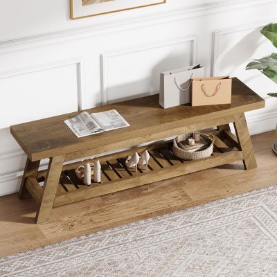 55" Wood Entryway Bench with Shoe Storage, Large 2-Tier Narrow Hallway Foyer Seating Bench