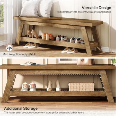 55" Wood Entryway Bench with Shoe Storage, Large 2-Tier Narrow Hallway Foyer Seating Bench