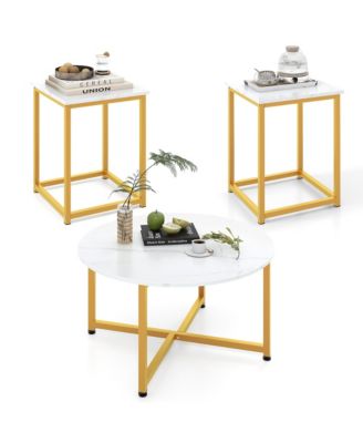 Round Nesting Table Set of 3 Modern/Farmhouse Coffee Table w/2 End Tables Walnut & Black