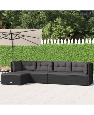 5 Piece Patio Lounge Set with Cushions Black Poly Rattan
