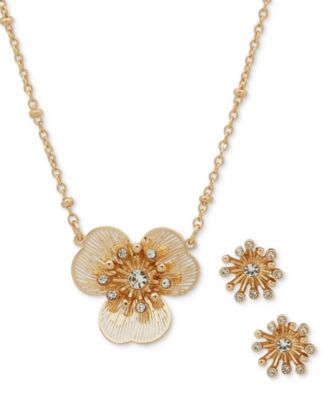 lonna & lilly - Gold-Tone Crystal Openwork Flower Pendant Necklace & Stud Earrings Set