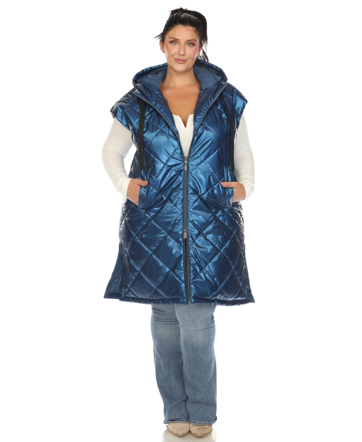 White Mark Plus Size Metallic Puffer Vest Jacket In Metallic Blue