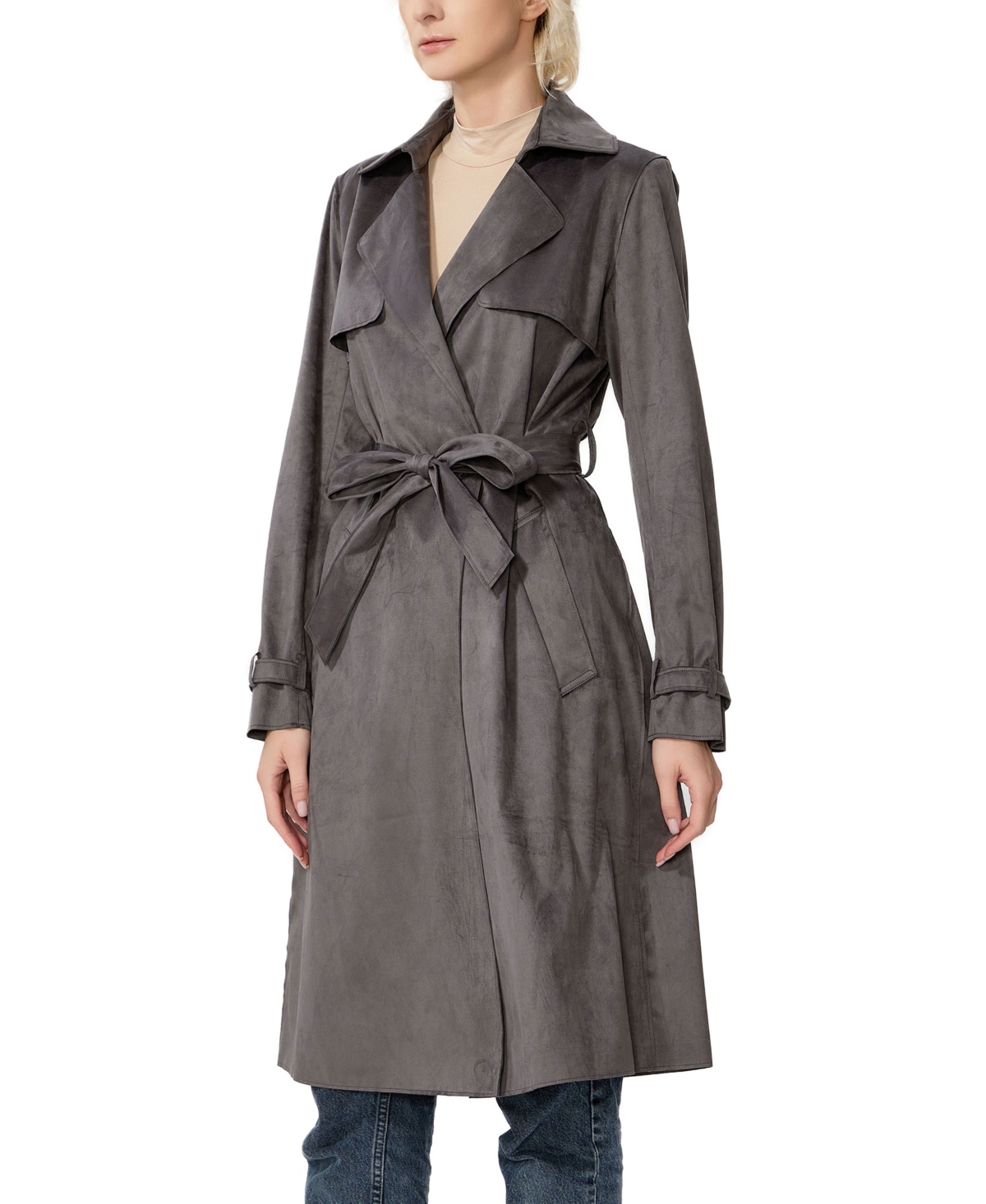 Kimi & Kai Aria Long Faux Suede Trench Coat In Brown