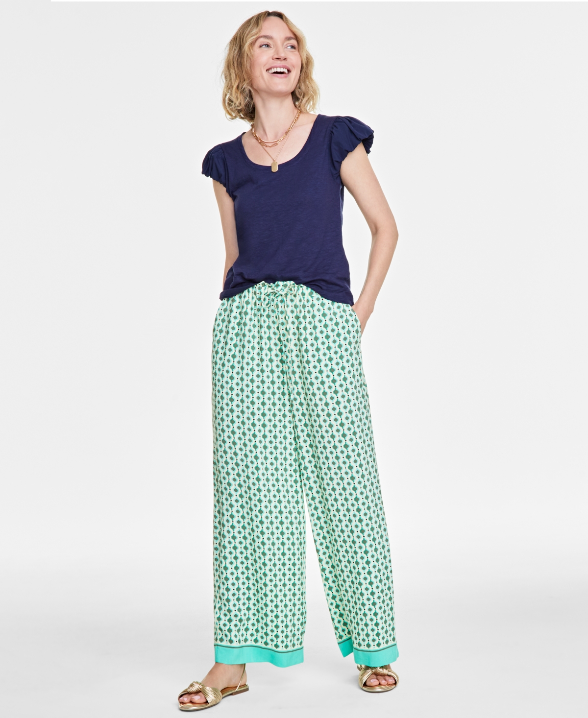 Women's Printed Drawstring Wide-Leg Pants, Created for Macy's - Olivine Combo