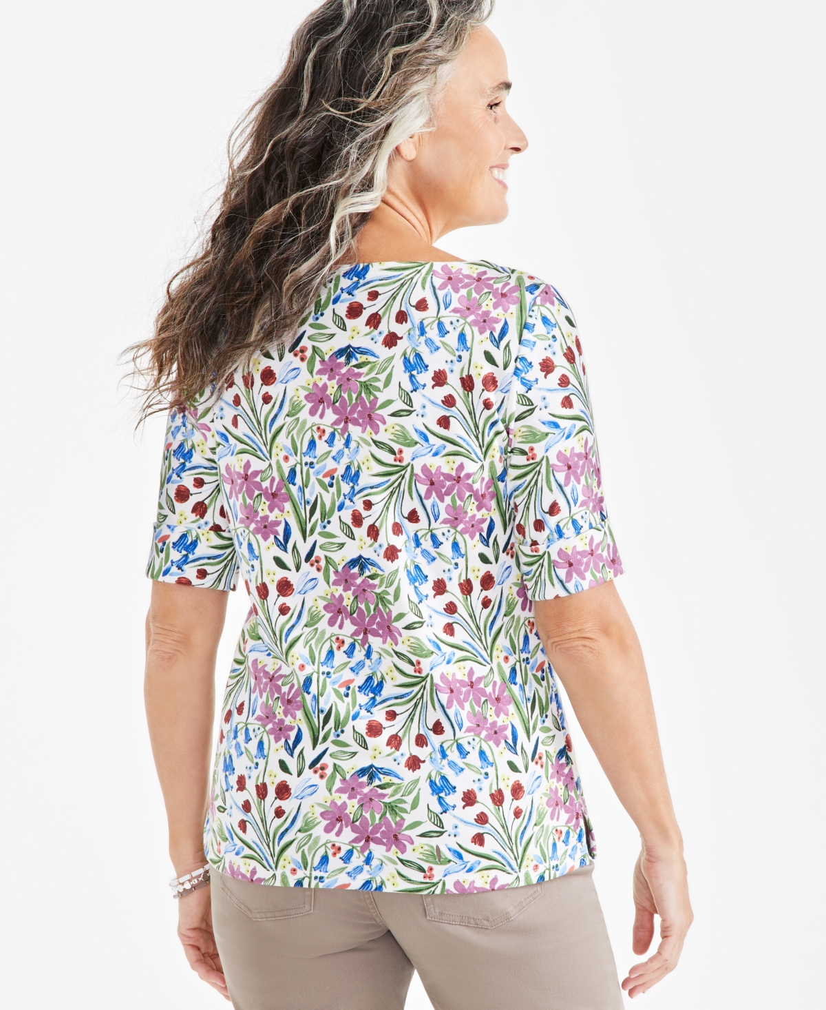 Style & Co Women's Printed Boat-Neck Elbow Sleeve Top, Created for Macy's