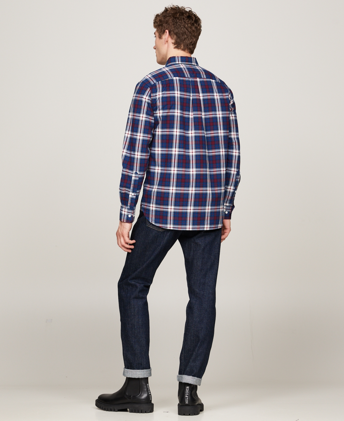 Tommy Hilfiger Men's Flex Poplin Tartan Regular-fit Long-sleeve Shirt In Deep Indigo,rouge Check