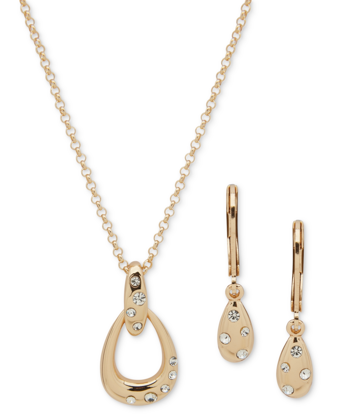 Anne Klein Gold-tone Pave Pear-shape Pendant Necklace & Drop Earrings Set In Crystal Wh