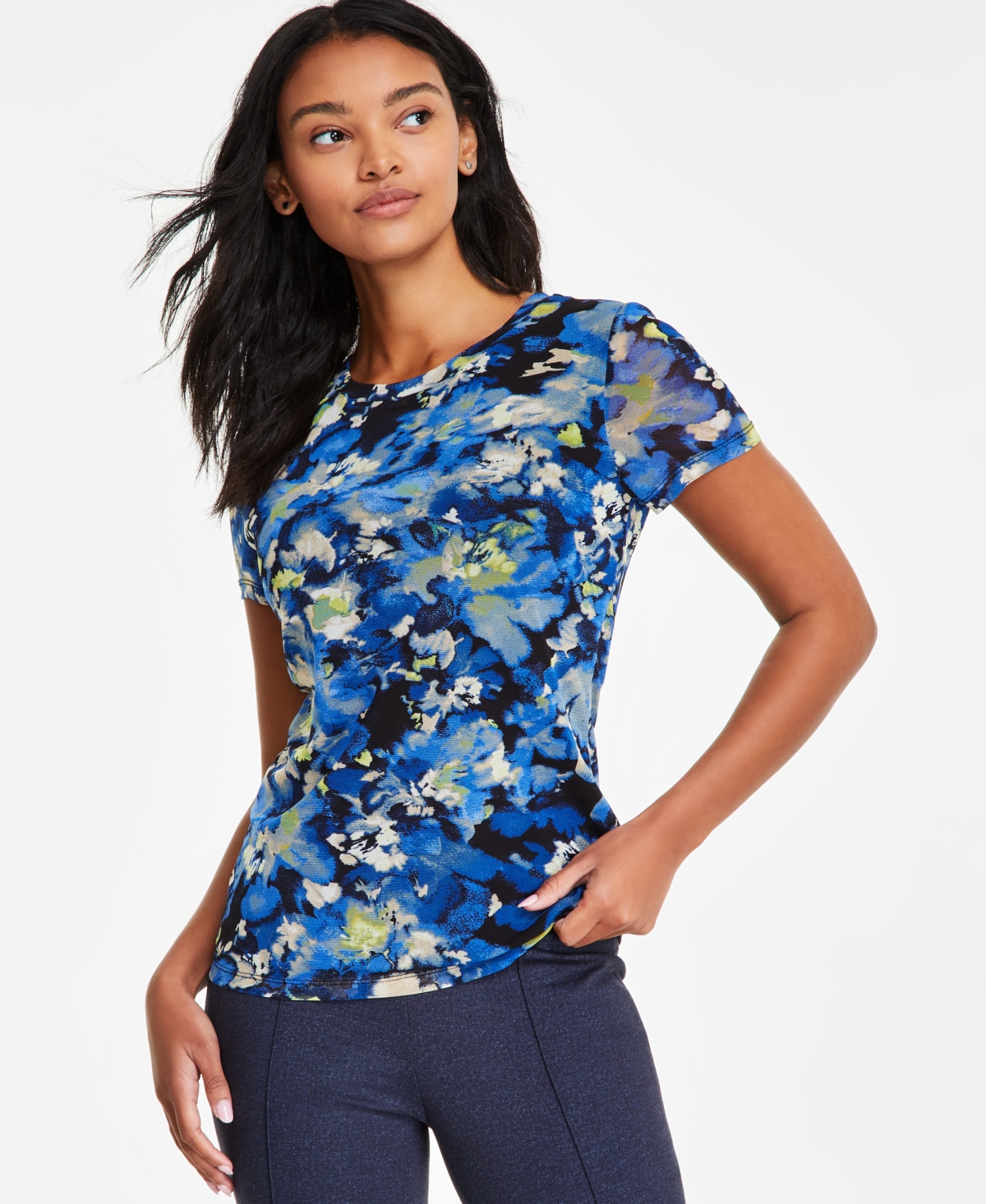 Bar Iii Women's Floral-print Mesh Short-sleeve T-shirt, Exclusively At Macy's In Cadet Dusk Multi