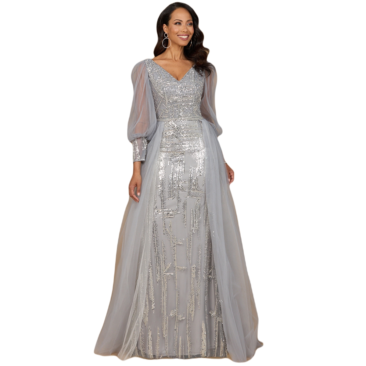 Women's Long Sleeve Lace Gown with Removable Over Skirt - Silver