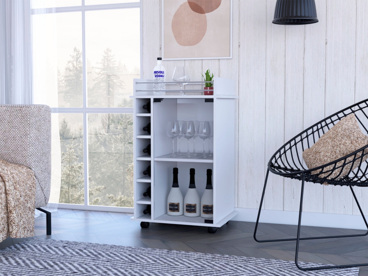 Depot E-Shop Huali Bar Cart, Six Built-in Wine Rack, Glass Door, Four Casters, Two Shelves