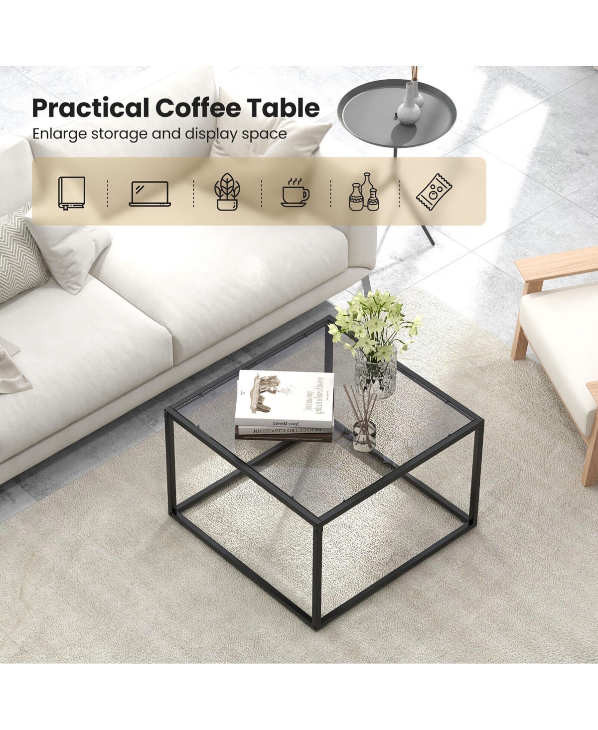 Gymax Glass Coffee Table Modern Square Metal Frame Living Room- Transparent+grey