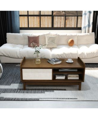 39.5" Rectangular Coffee Table with Sliding Weaving Doors – Wood Center Table