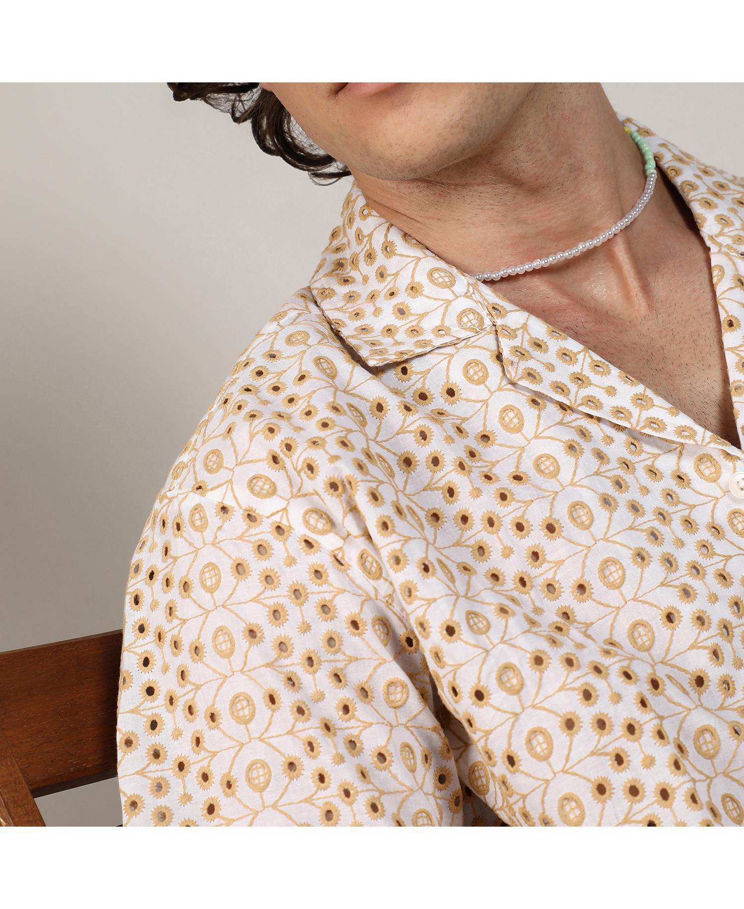 Men's Off-White & Tan Brown Embroidered Circular Shirt
