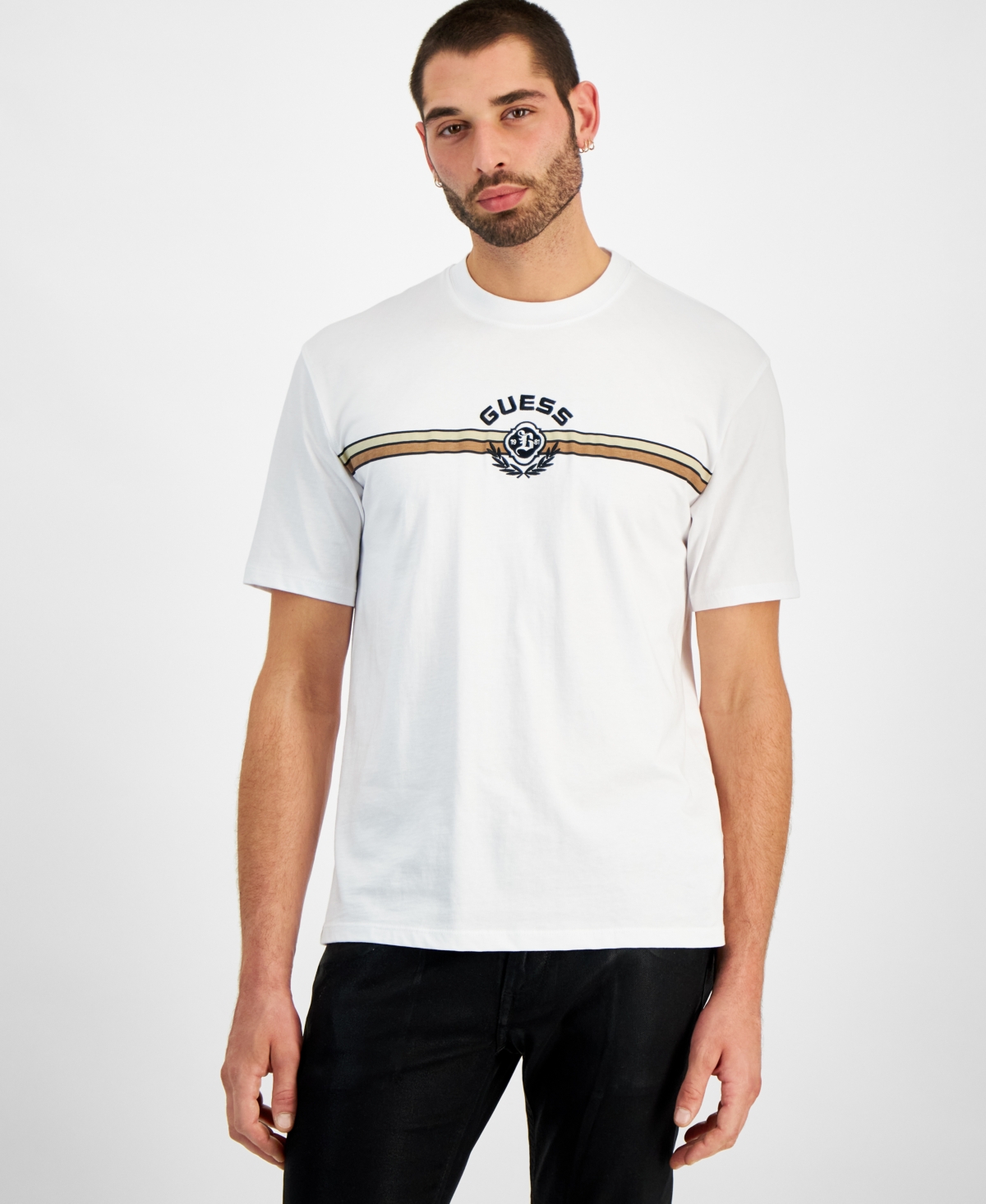 Guess Men's Mojo Relaxed-fit Embroidered Collegiate Logo Graphic T-shirt In Pure White