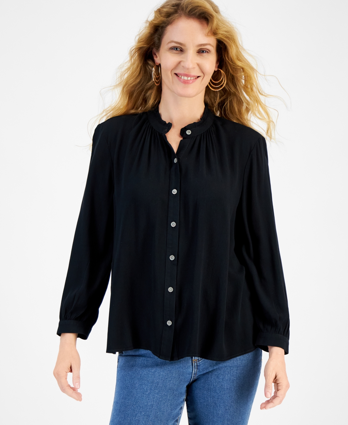 STYLE & CO WOMEN'S RUFFLE HEM LONG-SLEEVE BUTTON-FRONT TOP, EXCLUSIVELY AT MACY'S 