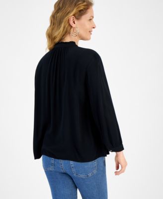 Women's Ruffle Hem Long-Sleeve Button-Front Top