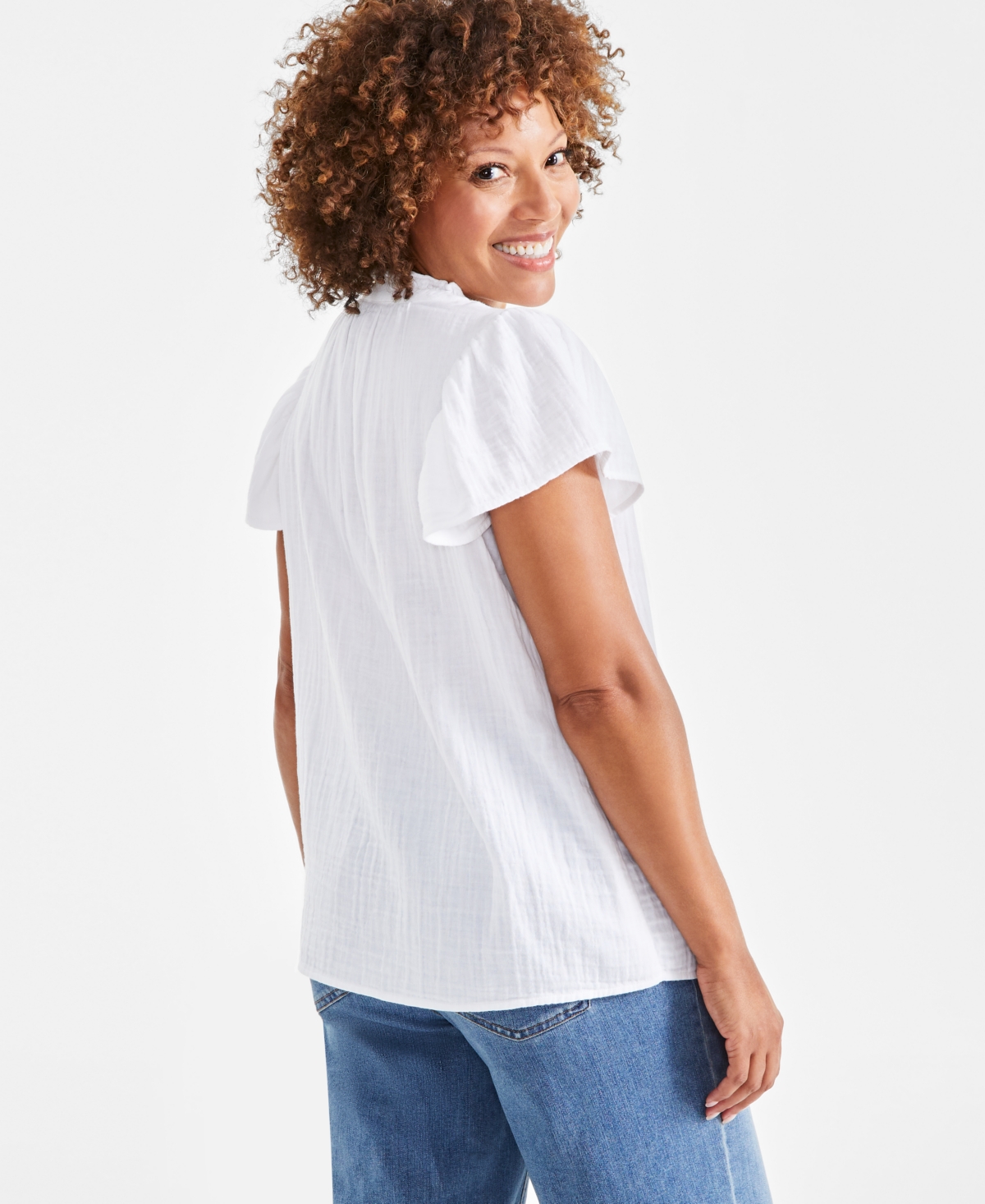 Style & Co Petite Cotton Flutter-Sleeve Ruffle Top, Created for Macy's