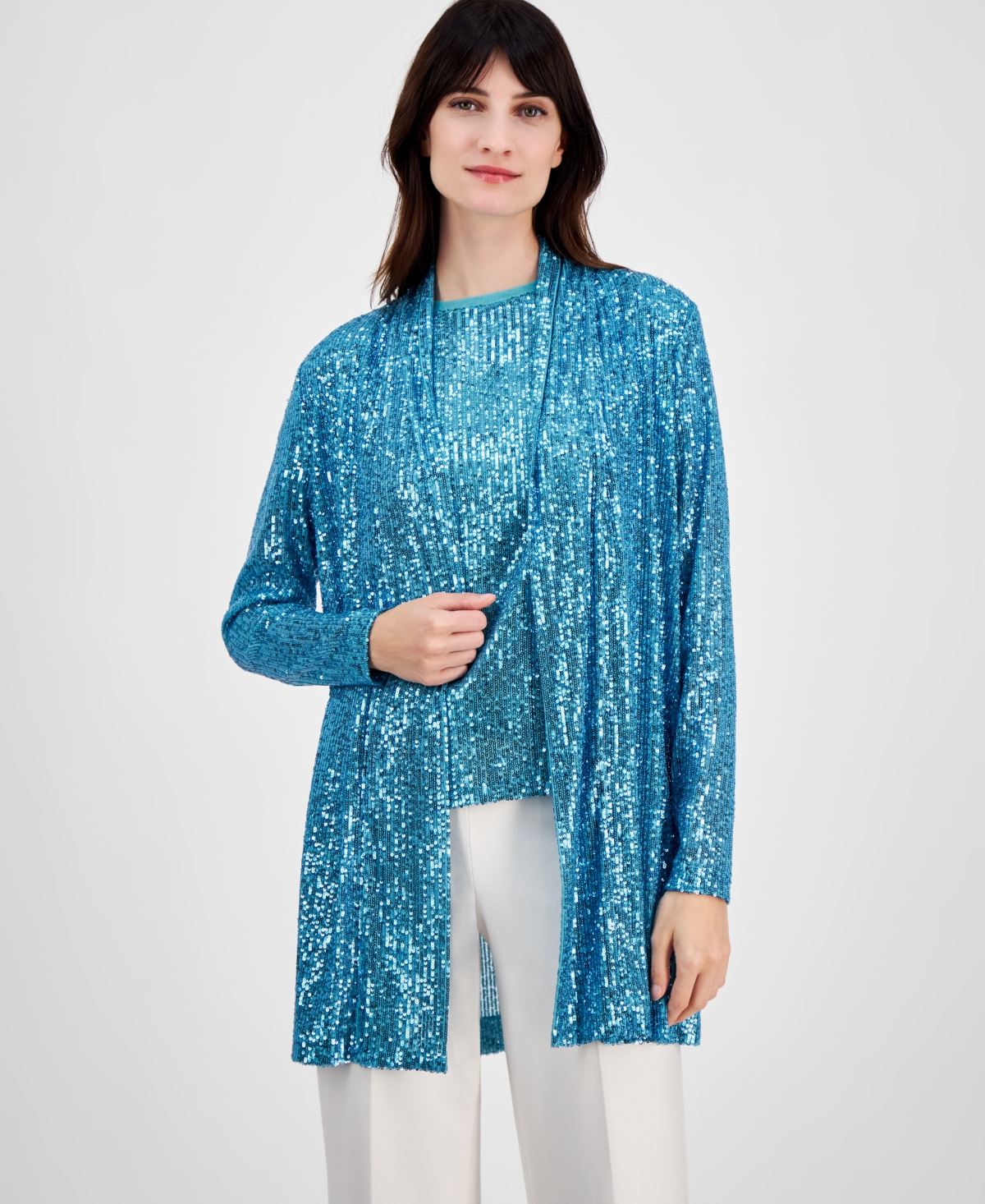 ANNE KLEIN WOMEN'S SEQUIN EMBELLISHED OPEN-FRONT JACKET 
