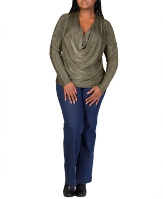 Plus Size Cowl Neck Long Sleeve Shimmery Top