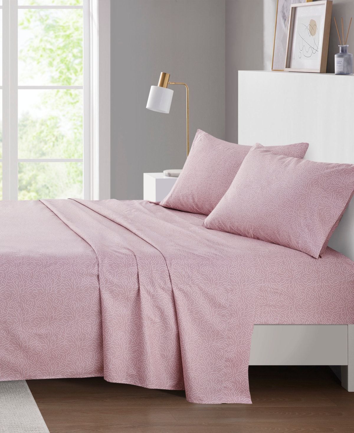 Intelligent Design Printed Microfiber 3 Piece Sheet Set, Twin In Blush Waves