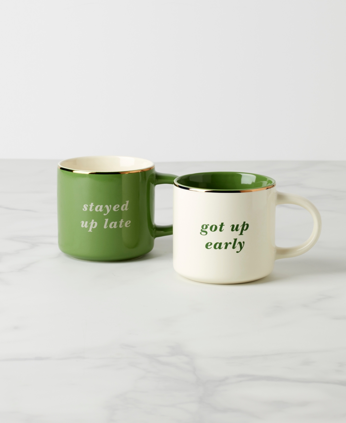 Kate Spade Got Up Early Stayed Up Late Mugs, Set Of 2 In Green