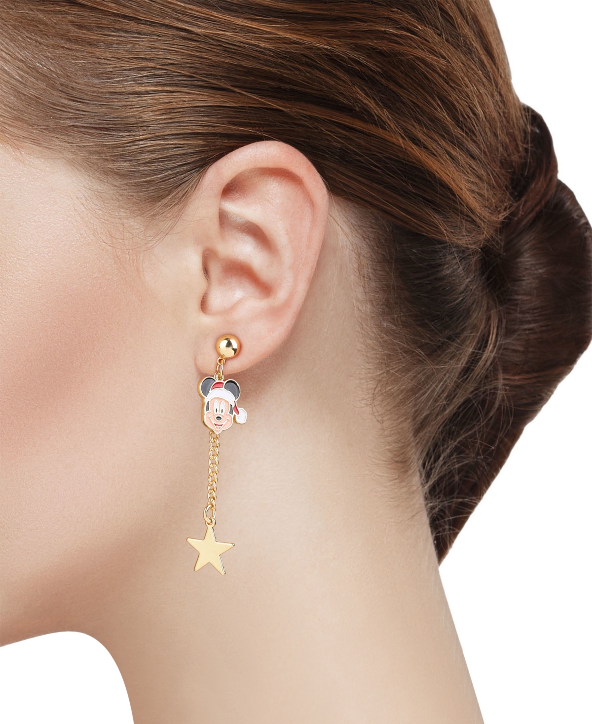 Disney Gold Micky Mouse Bow And Wreath Stud Drop Earrings In Gold