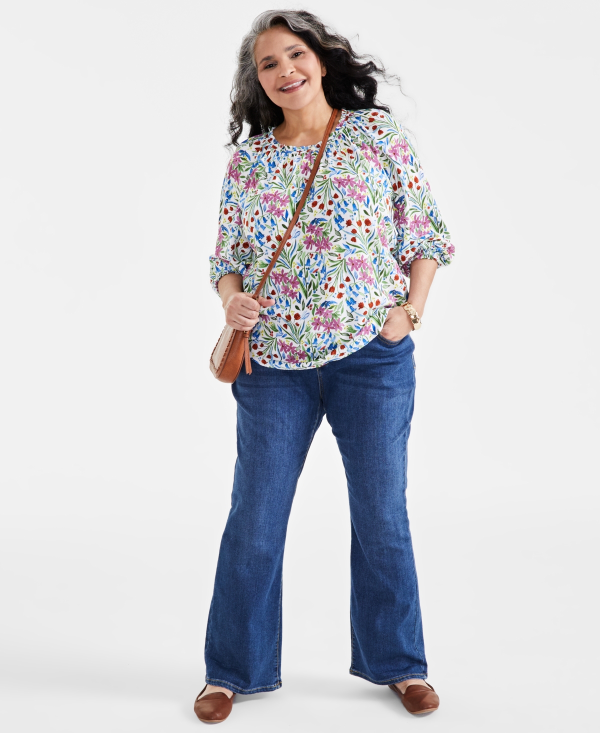 Style & Co Plus Size Printed Blouson-Sleeve Blouse, Created for Macy's