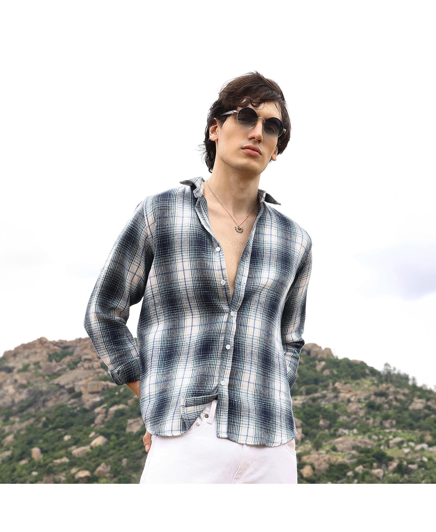 Men's Navy Blue & Ivory White Ombre Buffalo Check Shirt