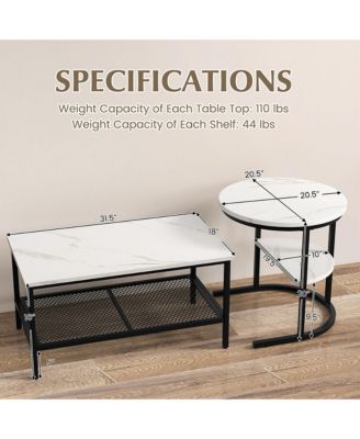 Nesting Coffee Table Set of 2 Faux Marble Top Detachable w/ Storage Shelf Gold