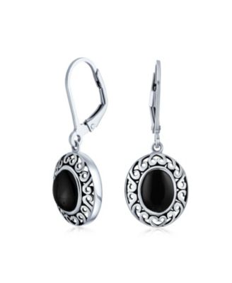 3ctw Natural Stones Oval Bezel Set Lever Back Dangle Earrings Oxidized .925 Sterling Silver