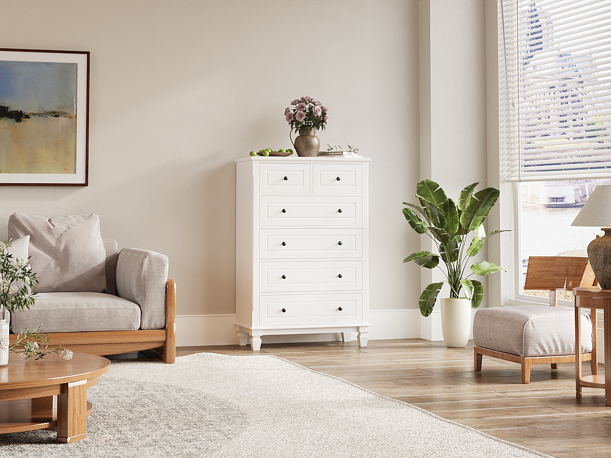 Modern White 6-Drawers Wood Chest of Drawer Dresser，bedroom nightstand, wooden end table