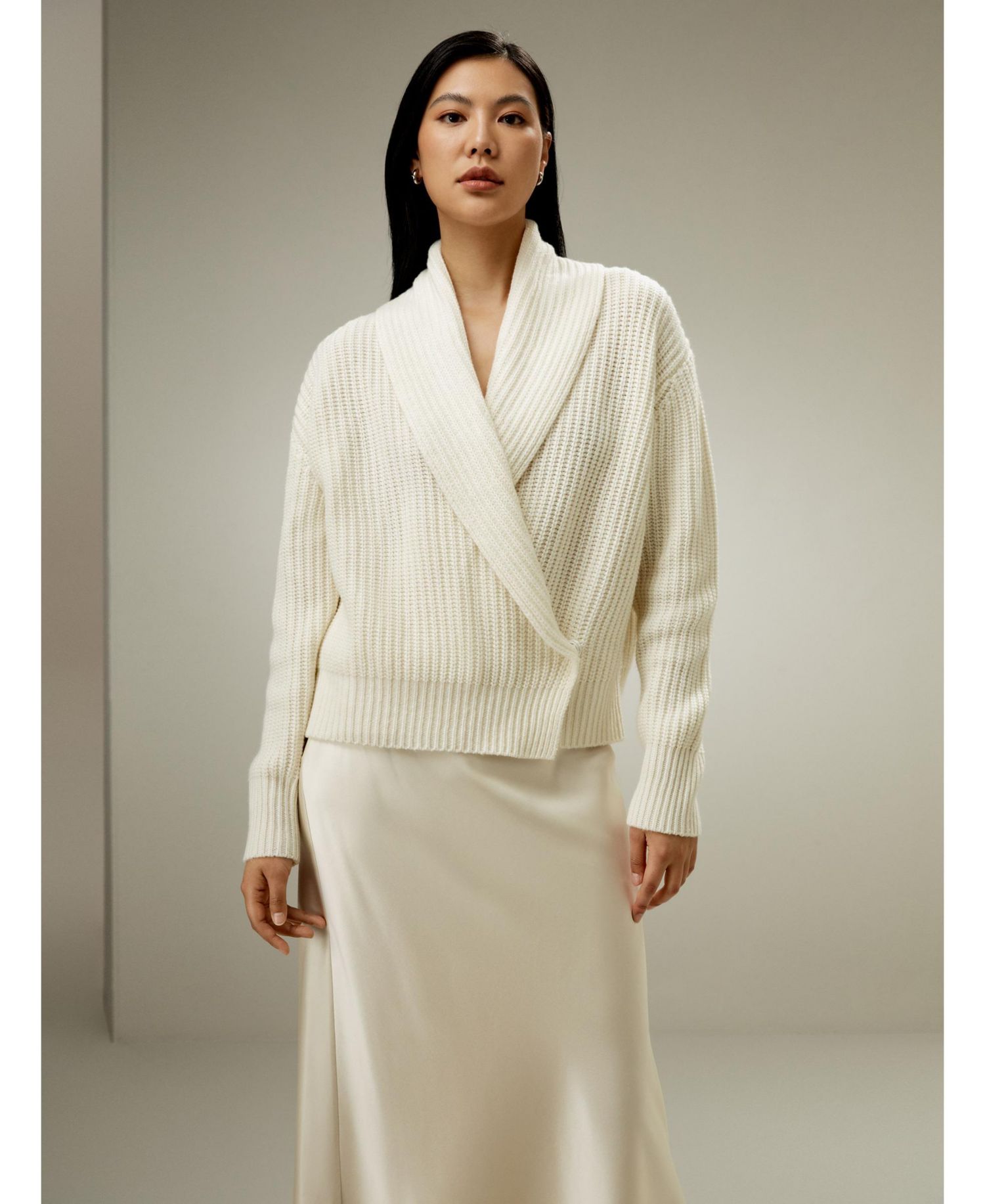 Women's Shawl Collar Drop Shoulder Knit Wool-Cashmere Blend Cardigan
