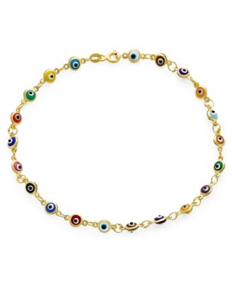 Protection Amulet Turkish Multi Color Charm Slender Evil Eyes Anklet Link Ankle Bracelet 14k Yellow Gold Plated .925 Sterling Silver 9 I